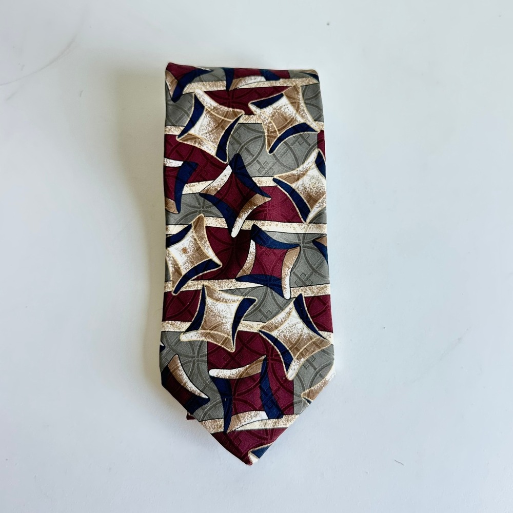 Geoffrey Beene Mens‎ Silk Necktie Burgundy Green Gold Abstract Geometric Pattern